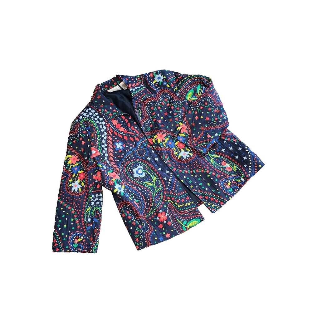 Womens 10P Navy Floral Paisley Blazer Jacket Boho Grannycore Colorful Retro